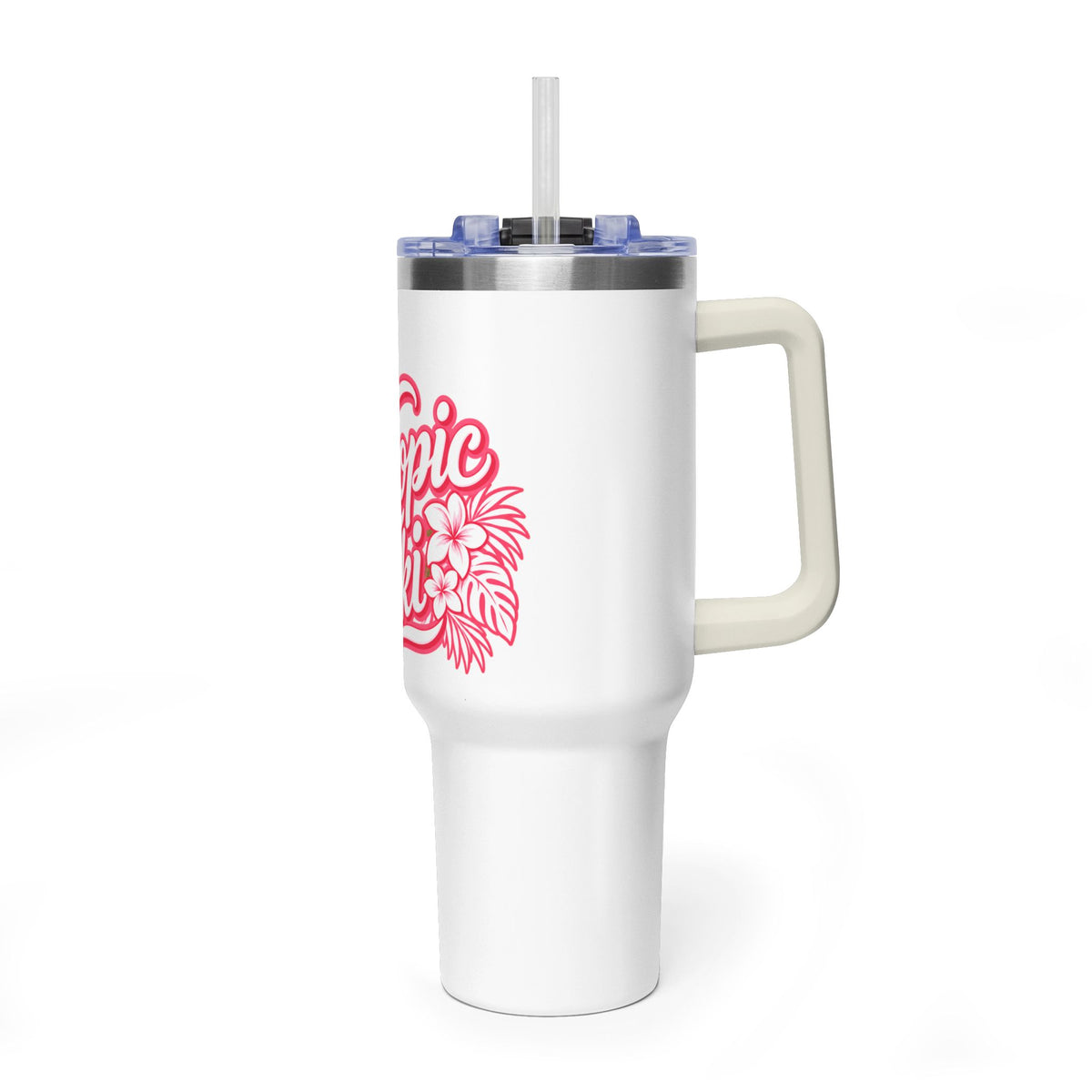 Tumbler- 40 oz Insulated Vacuum Travel Mug with Hibiscus & Tiki Flame Design